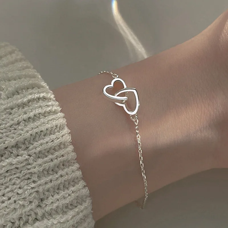 Simplicity Style Bracelet Sales Heart To Heart Matching Double Small Hollow Heart Bracelet 2024 Fashionable New Temperament