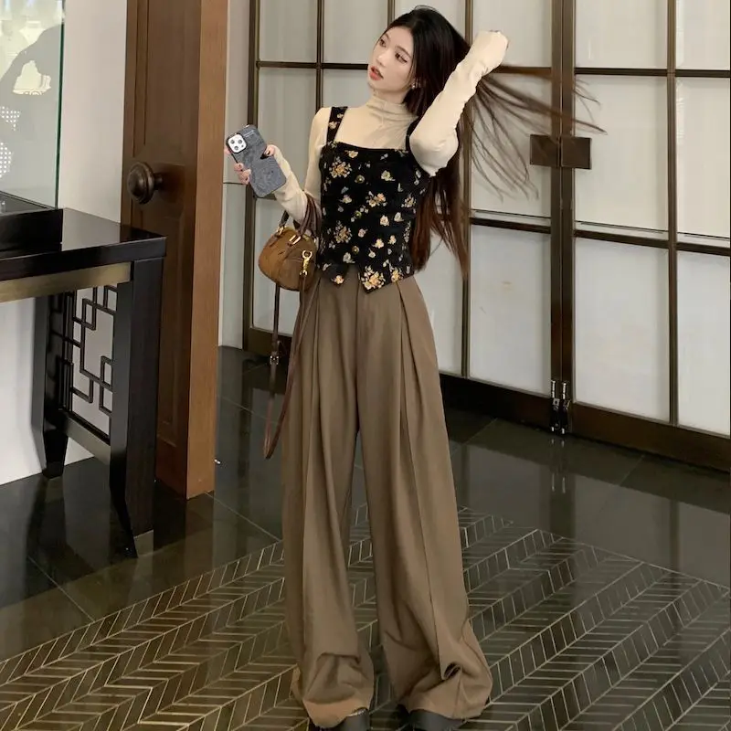 Spring/Summer New Jacquard Tank Top Xian Style Solid Color Half High Neck Bottom Loose Casual Wide Leg Pants Three Piece Set