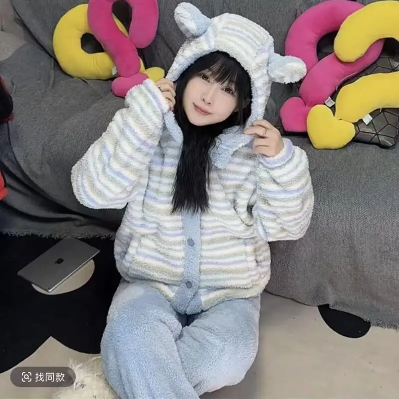 

Women's Pajama Set Comfortable Sleepwear Women Hooded Fleece Pajamas Winter Warm Homewear Set 2025 Cozy Loungewear New Style