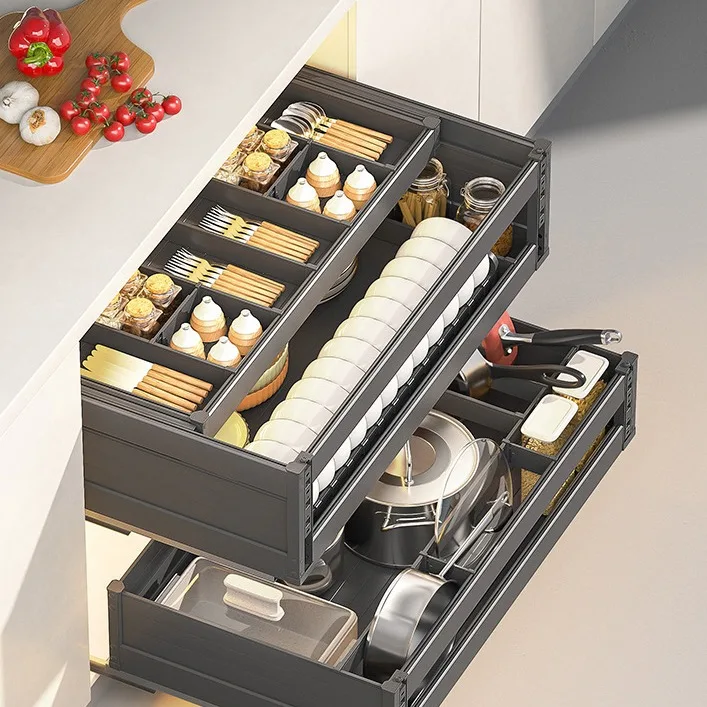 

Aluminum alloy dishes basket kitchen cabinet drawer type double layer