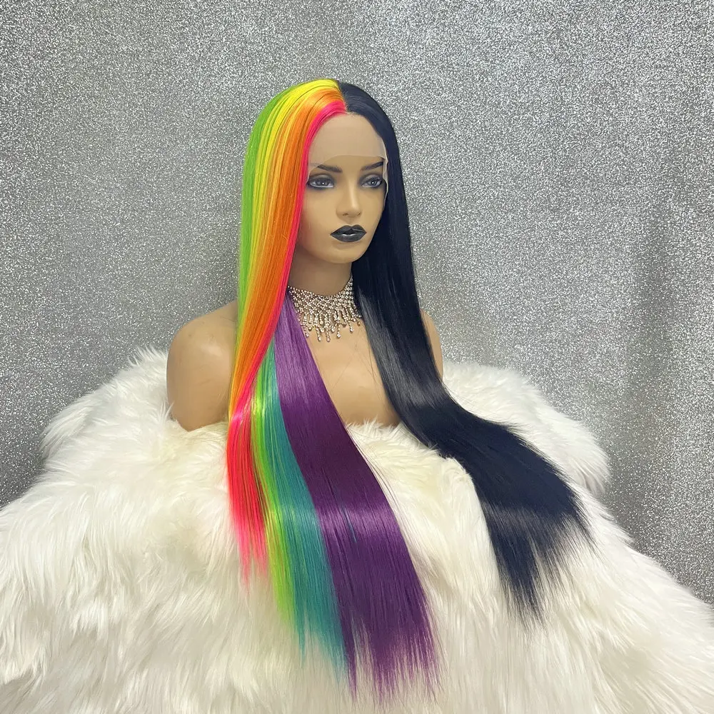 Half Black Half Rainbow Color 28 Inch Glueless 13x3.5 Synthetic Lace Front Preplucked Drag Queen Cosplay Wigs With Baby Hair