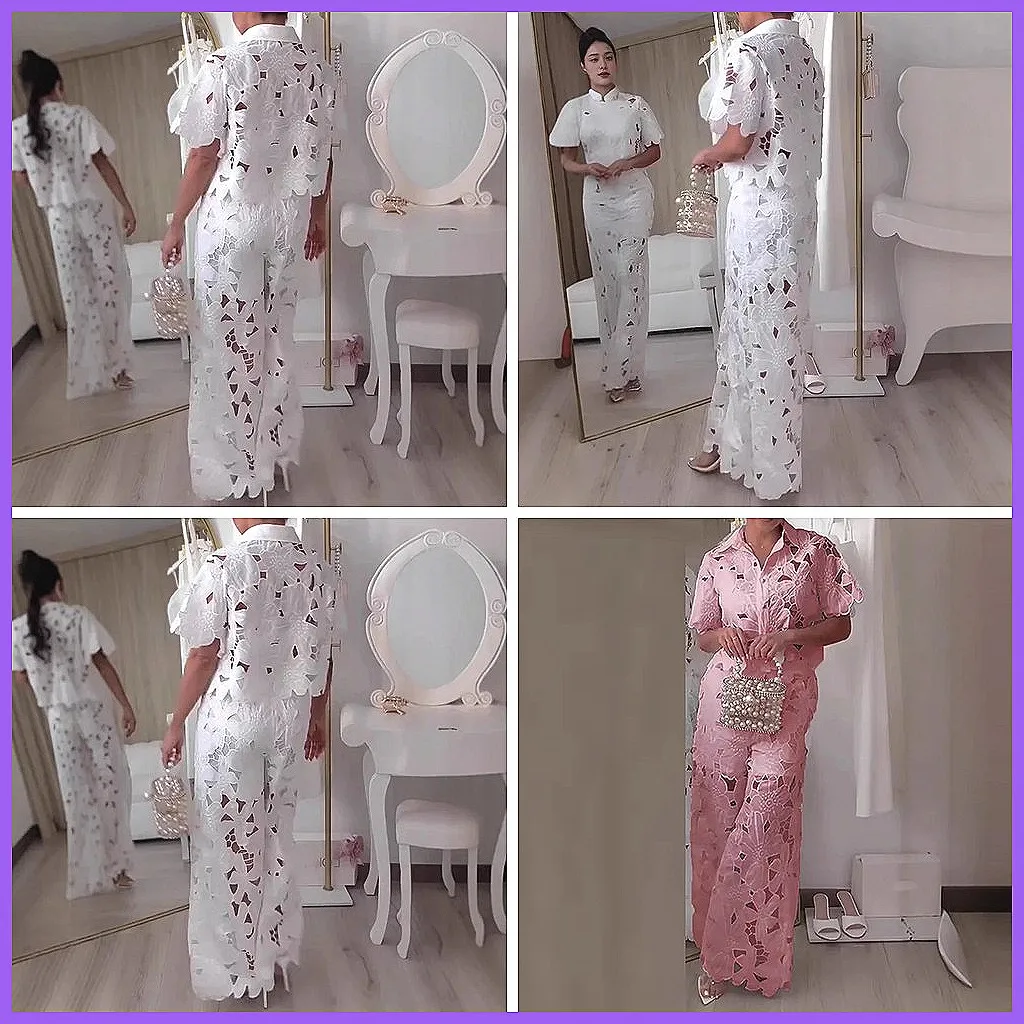 

Elegant Women's Lace Hollow Out Tops & Wide Leg Pants Set, Summer Casual Commuting Outfit