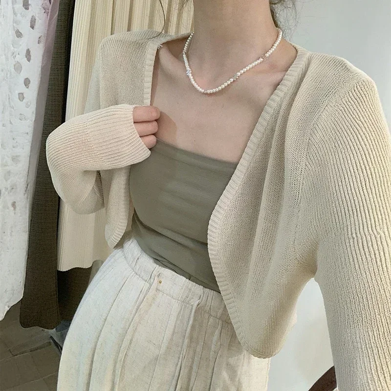 Crochet Shrug Cardigan for Women Cover Up Long Sleeve Sheer Openwork Open Front Crop Sweater Knit Cover Up Beach Outfit