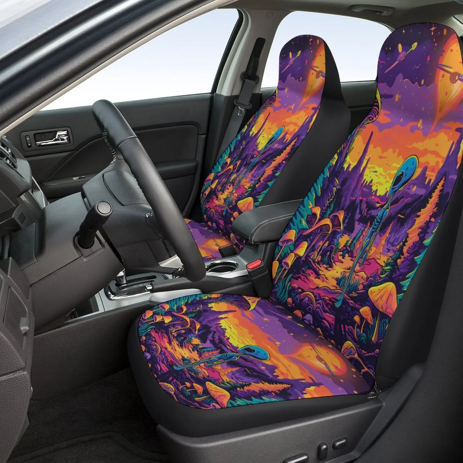 Alien Forest Sunset Themed Car Seat Cover Set | Trendy High-quality Universal Fit Polyester Seat Protector Covers For 2 Front Se