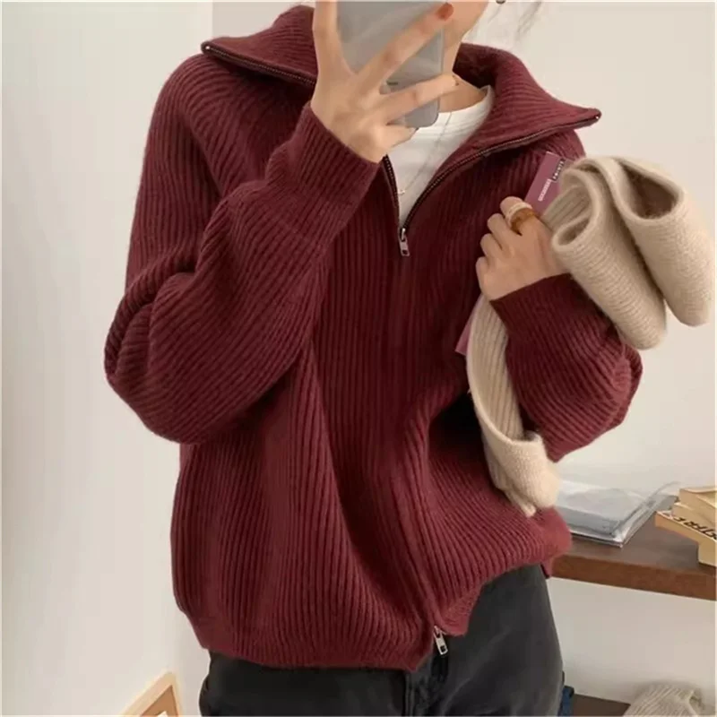 Thickened Knitted Cardigan Korean Instagram Zipper Sweater Flip Neck Sweater for Women Autumn and Winter Lazy Style Solid Color