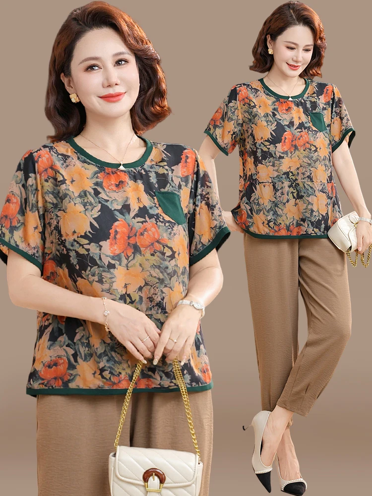 

Faionable Cotton Linen ort Sve T-irt Set for Mom Summer Silk Women's Large Size Top Nine-Piece Pants Loose Sle