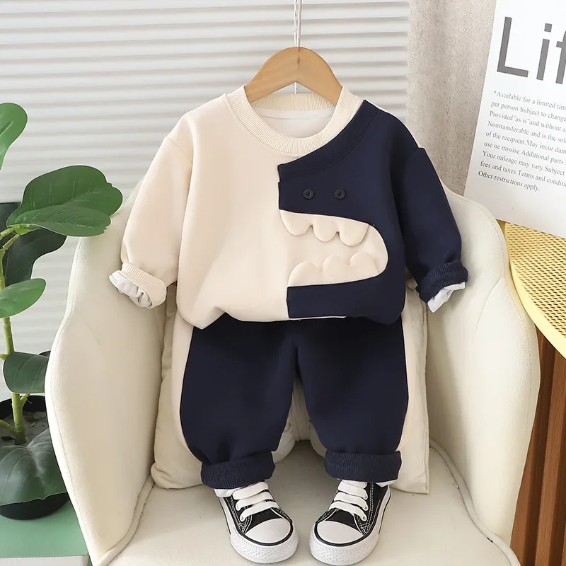 

Kids Outfit 2025 Spring Autumn Baby Boy Clothes 2 To 3 Year Patchwork Dinasour Long Sleeve Pullover Tops and Pants Boys Suit Set