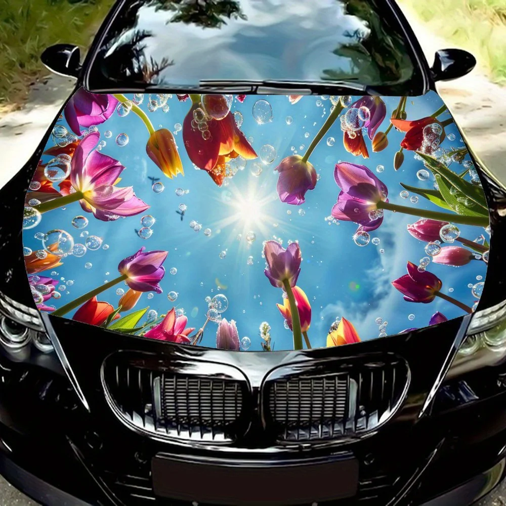Easy-to-install Car hood stickers with Beautiful Purple and Red Tulips with Bubbles pattern - car vinyl wraps, bubble-free desig