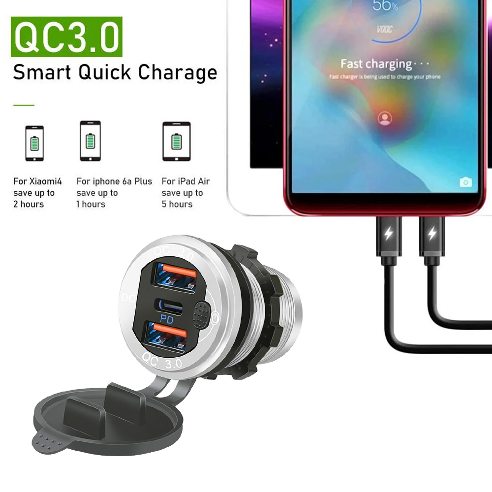 12V/24V USB Typ-C Mehrere Autoladebuchse PD3.0 & QC3.0 Ports Wasserdicht mit Touch-Schalter Schnelllade-Auto-Moto-Adapter – Detail 11