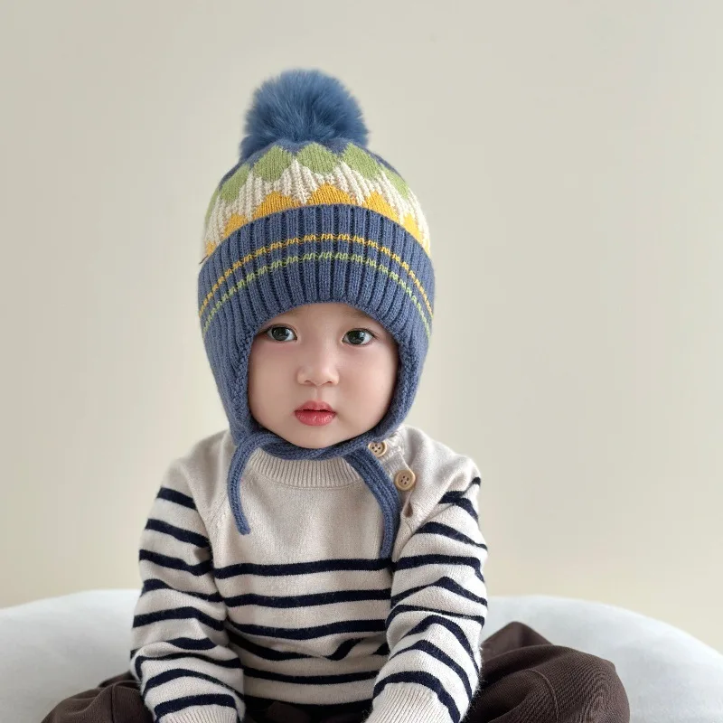 Autumn and Winter Fashion Furball Ear Caps, Winter Boys and Girls Thickened Warm Wool Color-blocked Pullover Hats