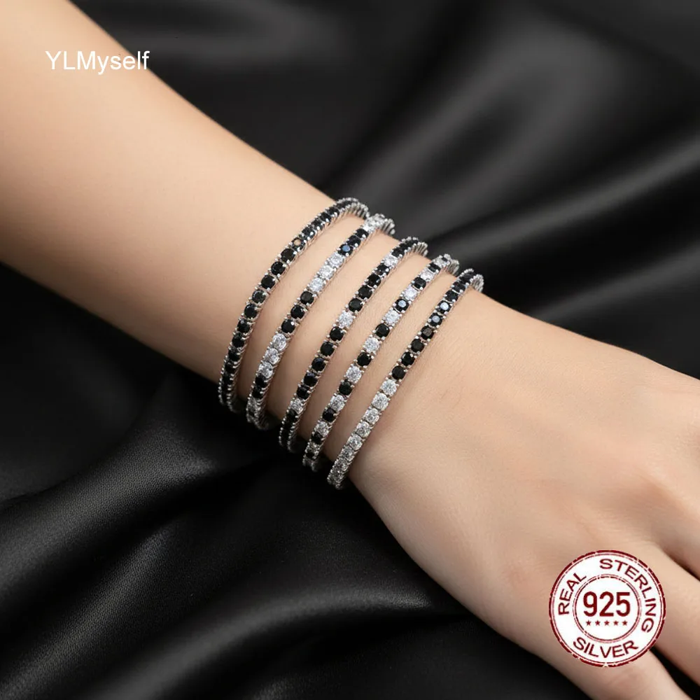 

3mm S925 Silver Tennis Bracelet Pave Black Mix White Cubic Zircon 16-21CM Hiphop Rock Solid Fine Jewelry For Women/Men