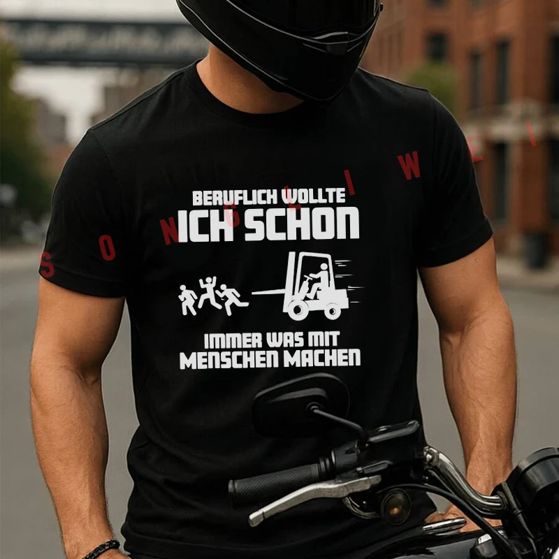 German Lettering And A Forklift Graphic Motorcycle T-Shirt Men Hip Hop Streetwear Unisex Casual Fashion Short Sleeve Tops