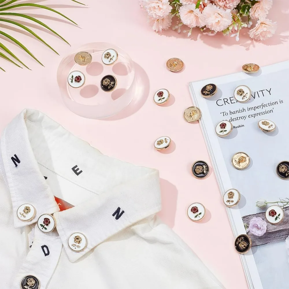 24개 빈티지 장미 단추, 3가지 스타일의 에나멜 꽃 단추 둥근 샹크 단추 의류 재봉용 코트 정장 유니폼 블레이저용