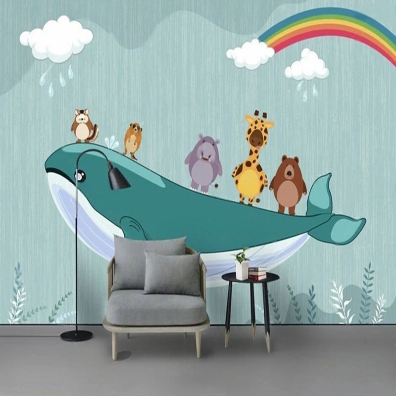 

Modern cartoon hand-drawn animal dance deer and bear rainbow cloud seaweed TV luxurious home decoration bedroom background wall