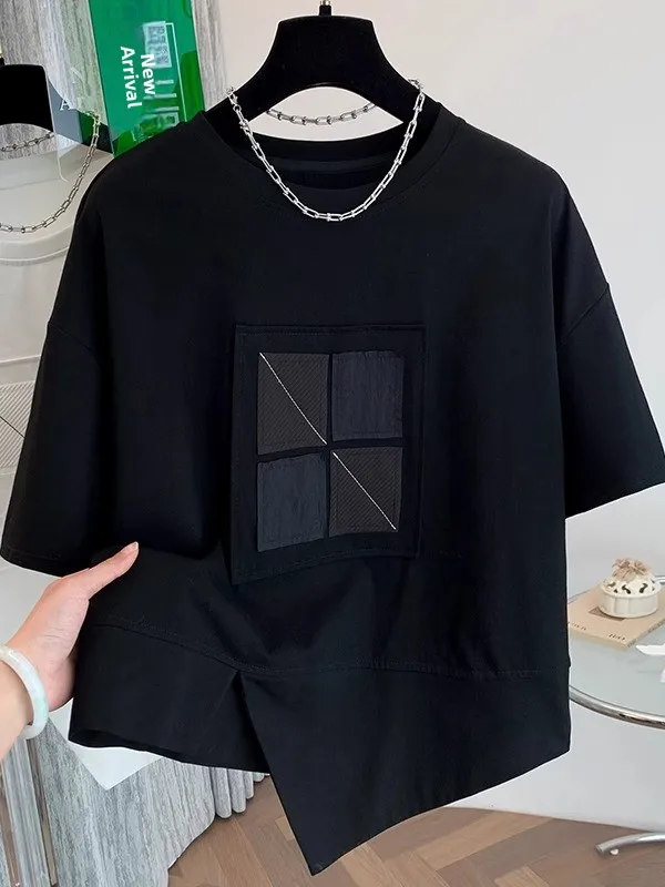 

Unique Black Short Sleeve T-Shirt Women's plus Size Slim Fit Asymmetrical Shoulder Korean Style Commute Fashion Summer New Ar...
