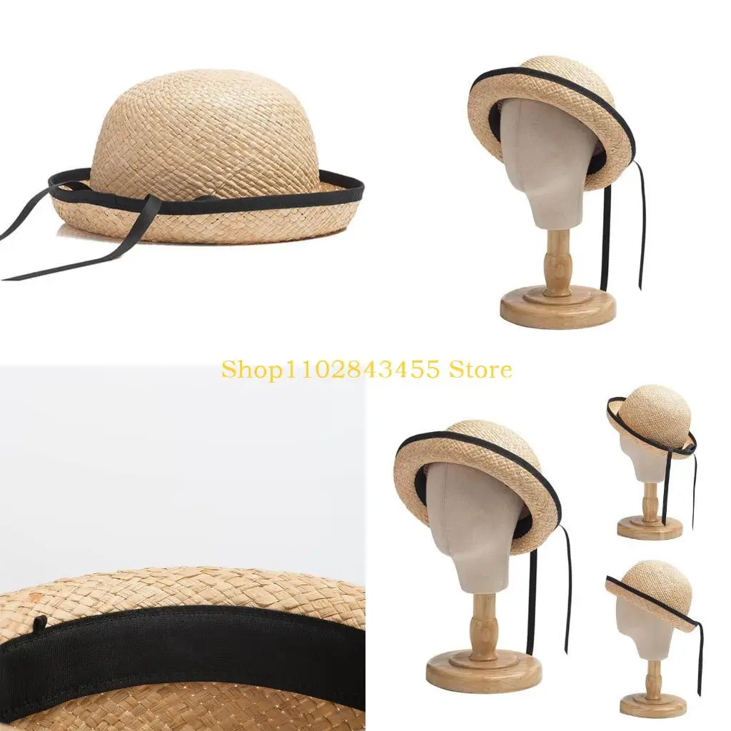 

49MC Cute Ribbon Bowknot Summer Hat Sunshade Straw Hat Sun for Protection Bowler Beach Cap Gift for Boy Girl School Daily