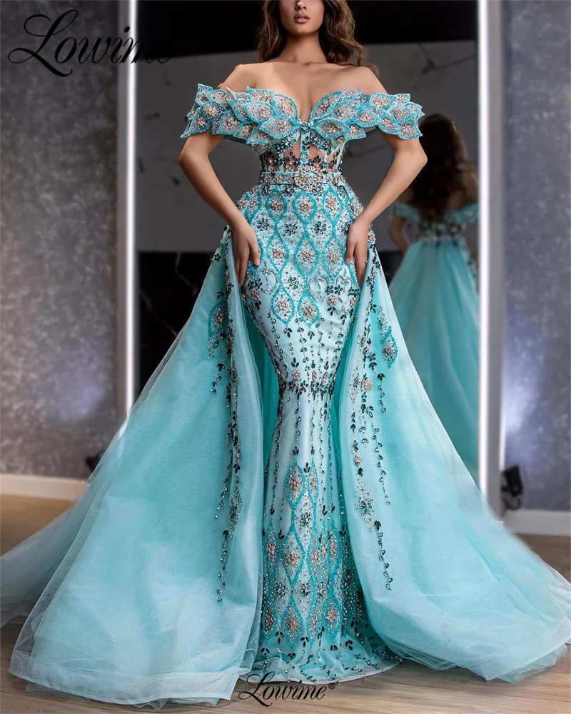 2023 Luxury Off Shoulder Evening Dresses With Detachable Train Couture Arabic Crystals Beaded Celebrity Dress Wedding Party Gown