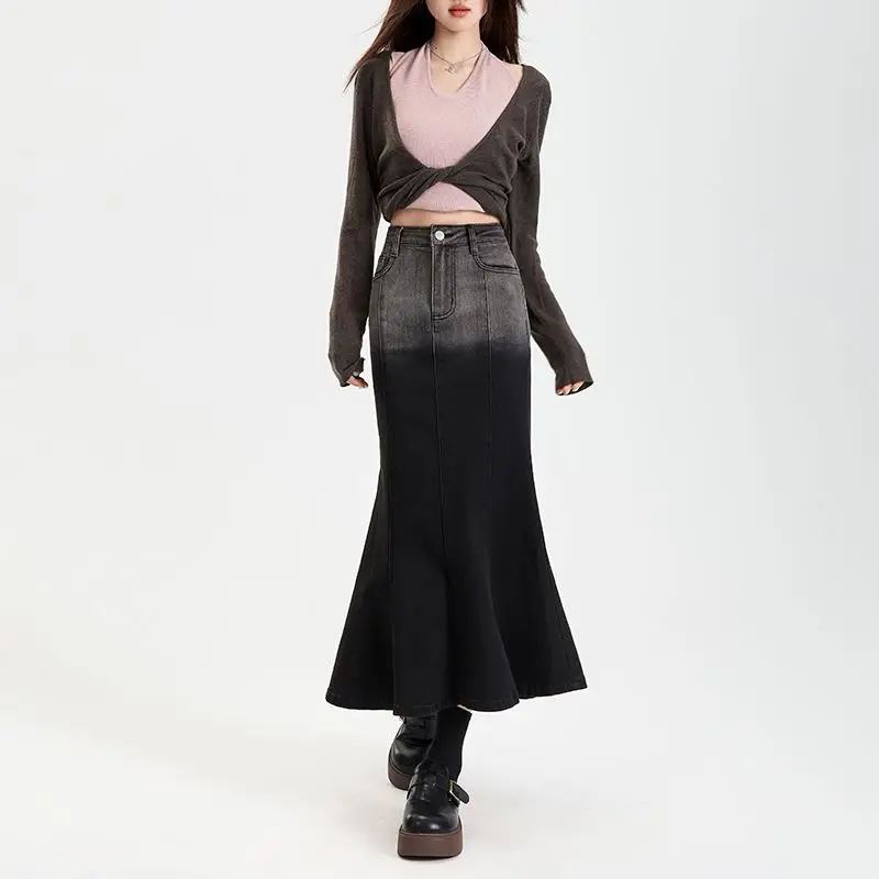 여름 드레스 빈티지 여성 여름 스커트 그라데이션 하이 웨이스트 a 라인 캐주얼 스커트 Bodycon 롱 스커트 Fishtail 여성 의류