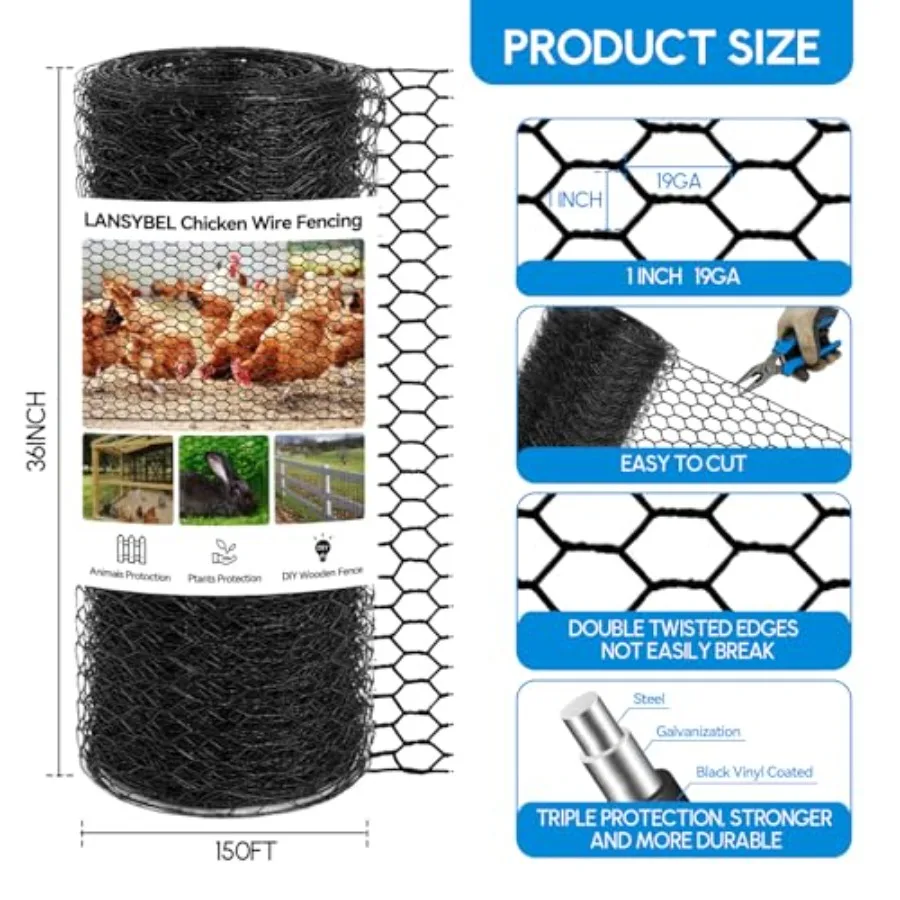 Garden fence animal barrier: 36in x 150ft black chicken wire, hexagonal galvanized mesh with outdoor anti-rust plastic coating