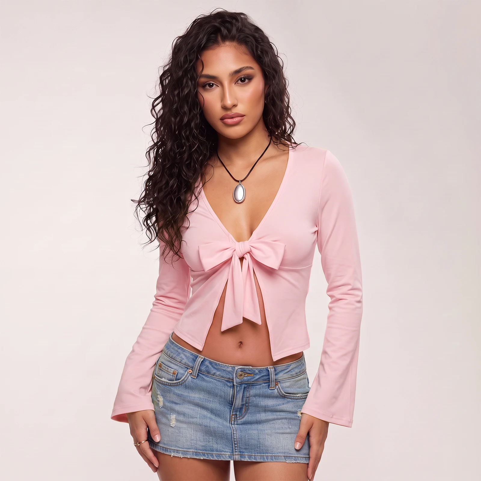 Women's Tie Front Crop Top Long Sleeve V Neck Women T-Shirts Solid Color Fall Slim Fit Tie Front Shirts