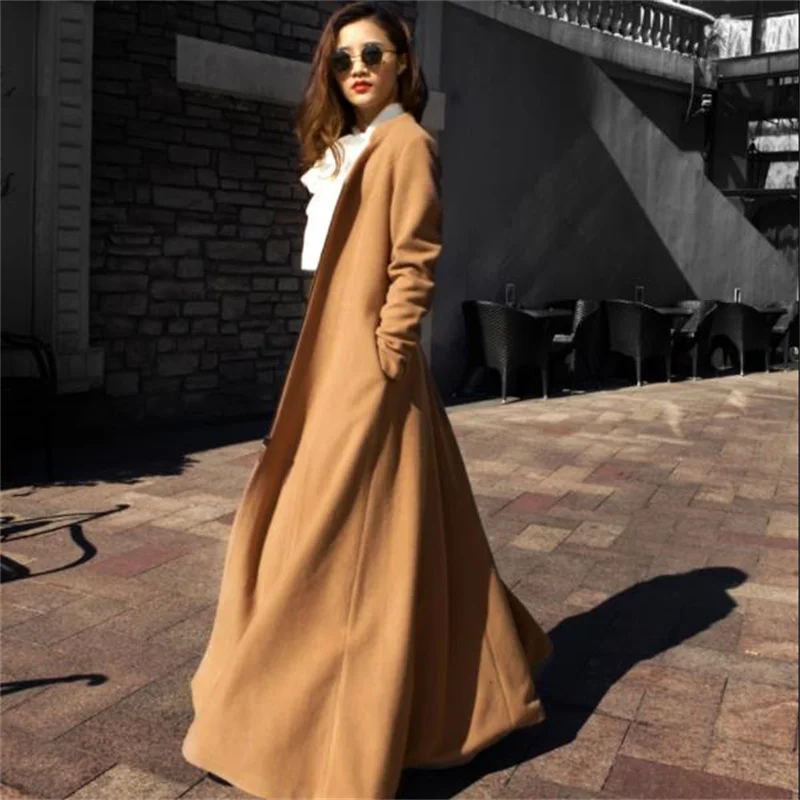 

New women's autumn winter over the knee long woolen coat windbreaker fashion a line casual coat khaki