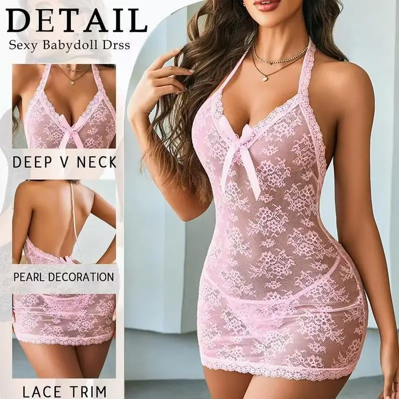 

European cross-border sexy perspective lace bow pearl chain tight pajamas pajamas sexy underwear women's pure desire
