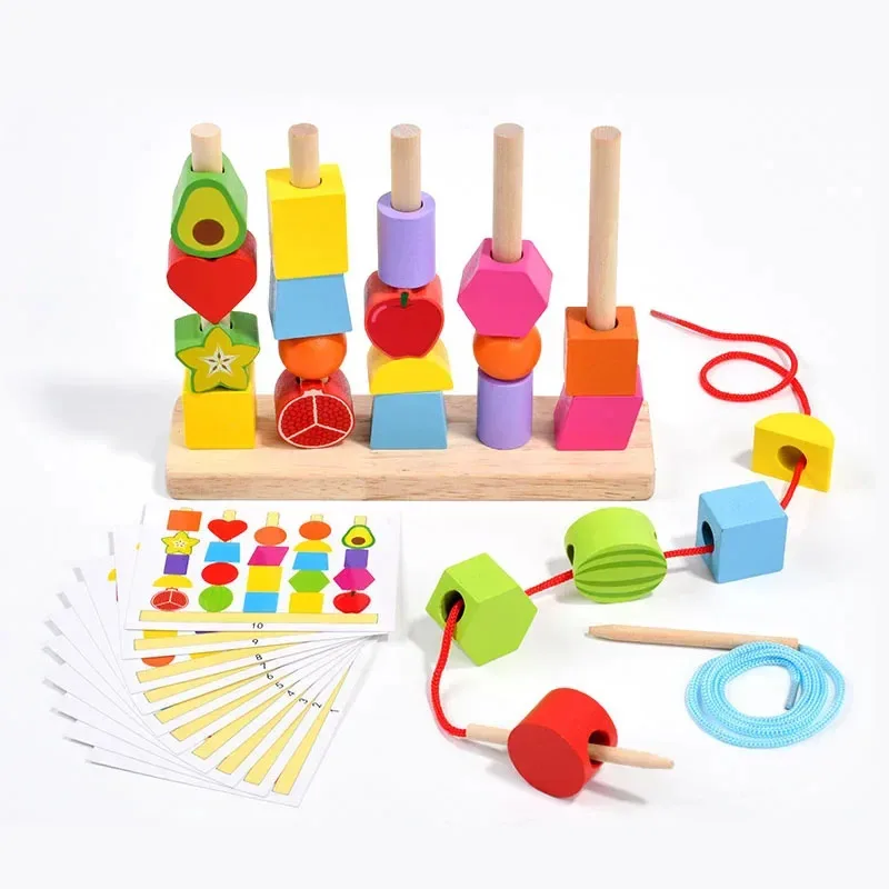TEMIKIDS Montessori Drewniane Zabawki Układanki Klocki Puzzle Kolorowe Koraliki Owoce Dopasowywanie Kolorów i Kształtów Wczesne Zabawki Edukacyjne Prezent