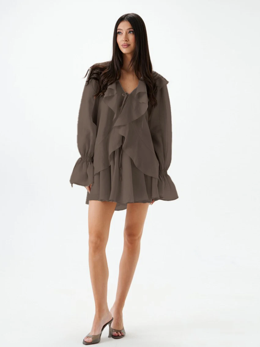 Marthaqiqi-traje de dormir de algodón para mujer, camisón de manga larga, bata Sexy con cuello en V, camisón con cordones, faldas, conjunto de ropa de dormir informal para mujer