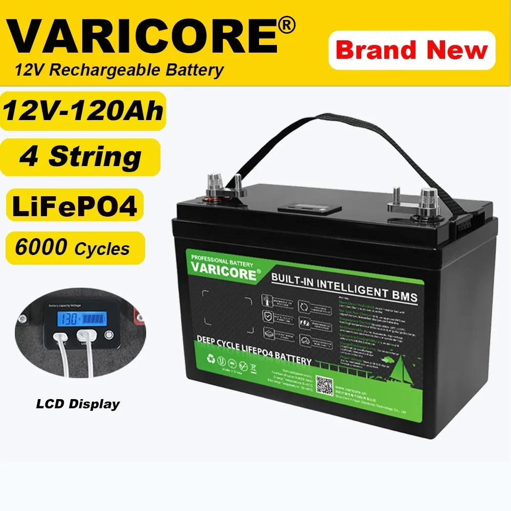 Varicore 12.8v 120ah usb 3.0 tipo-c 12v lifepo4 bateria de lítio 6000 ciclos para inversor carro mais leve 14.6v carrinho de golfe duty-free
