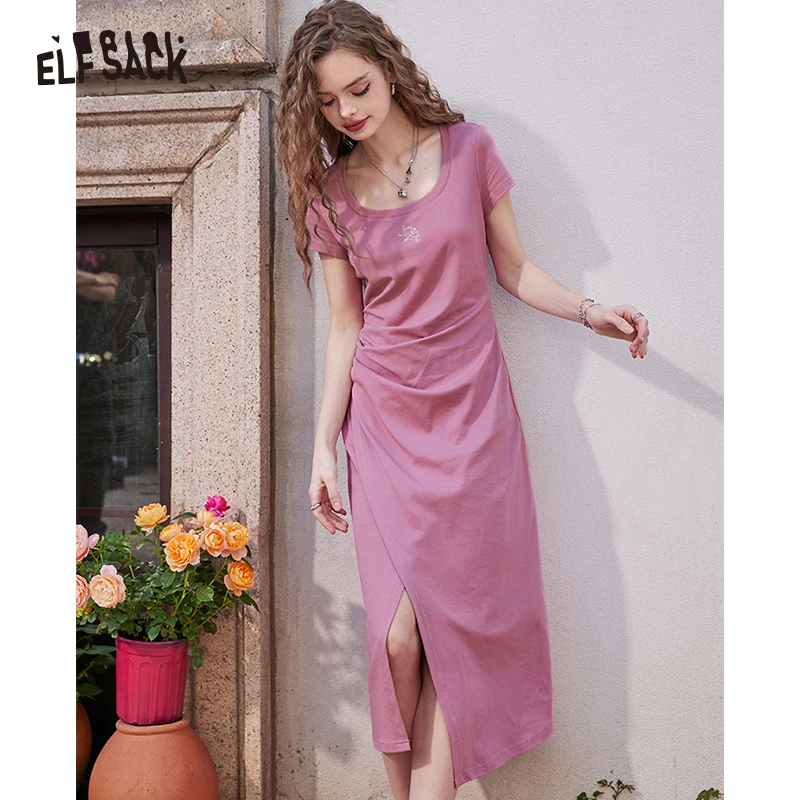 ELFSACK-Camiseta plisada ajustada con cuello cuadrado para mujer, vestido revelador de clavícula, novedad de verano 2024