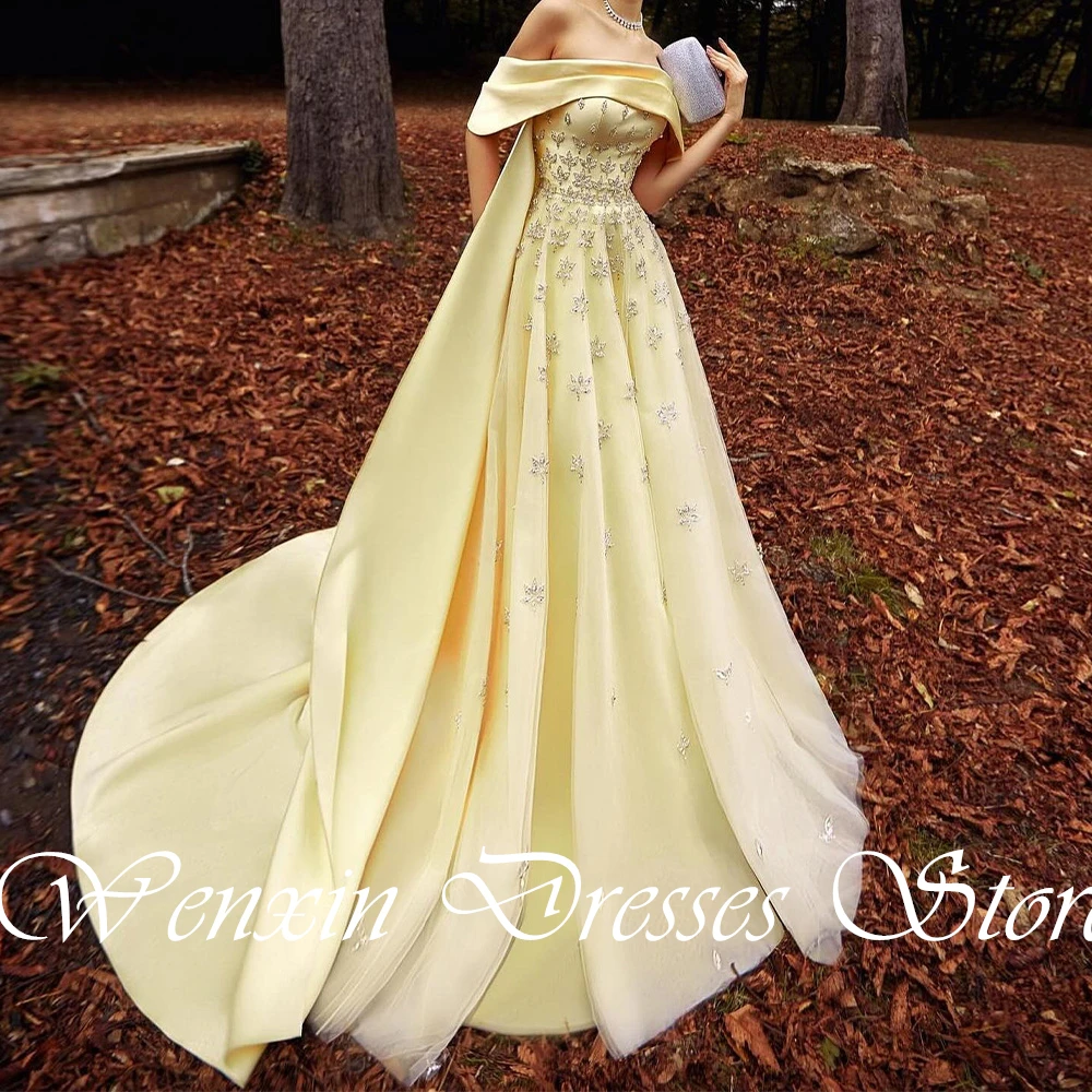 luxury and Exquisite Beading Crystal Yellow Satin Evening Dress Elegant Strapless Off the Shoulder Watteau Train Sleeveless Gown