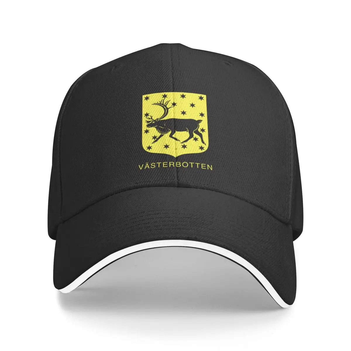 Reindeer and Stary Night Sky, the Coat of Arms of V?sterbotten, Sweden, Yellow print (Svenska Landskap) Baseball Cap