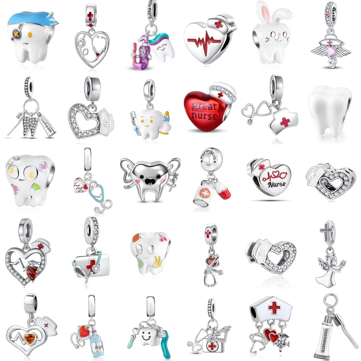 New 925 Sterling Silver Nurse Pill Stethoscope Teeth Toothbr