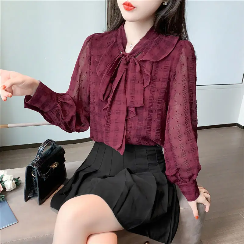 Elegant V-Neck Lantern Sleeve Spliced Ruffles Bow Chiffon Shirt Commute Tops Summer and Autumn Sweet Women's Clothing Blouses