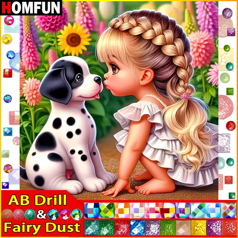 

HOMFUN Фея Пыль AB Алмазная картина "Портрет Девушка Собака" Полный квадратный/круглый дрель Настенный декор Инкрустация Смола Вышивка Ремесло