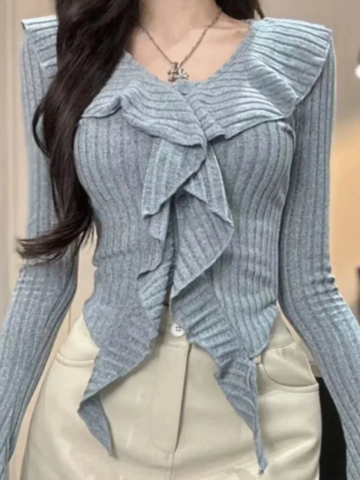 

Sexy Long Sve V-Ne Bell Bot Top Women Early Spring New Waist Slim Asymmetrical Base irt Floral Casual Sle