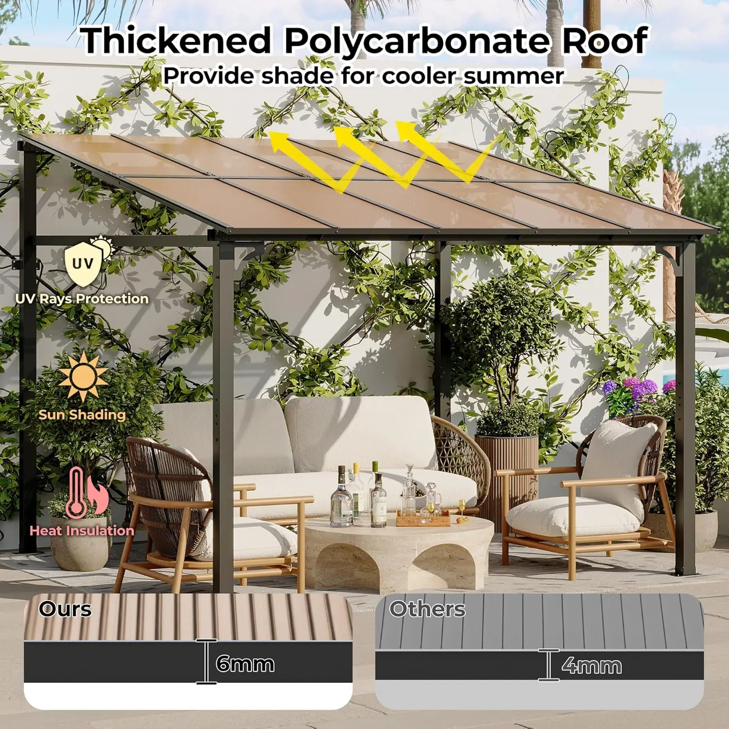 10'x10' Wall Mounted Gazebo, Hard Top Lean-to Pergola with Heavy Duty Metal Frame, Large Outdoor Patio Backyard Shelter view 5
