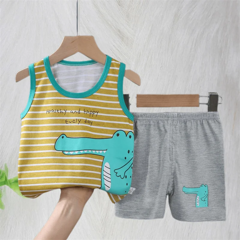 Cartoon Crocodile Vest+Shorts 2-Piece Clothing Set Pajamas Summer Kids Baby Boys Girls Cotton Casual Tracksuit Clothes Suit 0-6