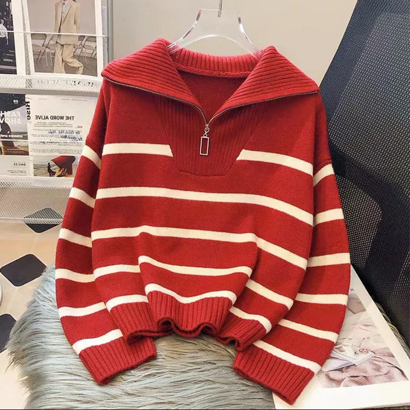 Fall/Winter New Half Zipper Lapel Pullover Striped Sweater Women's Thickened Loose Wool Sweater Jacket Wear Outside