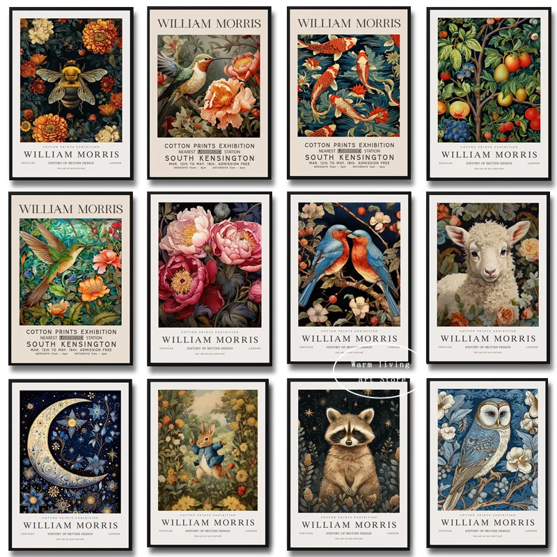 William Morris Museum Exhibition Poster Bird Owl Rabbit Raccoon Fish Fruit Flower Canvas Painting Print Wall Decor Home Decor