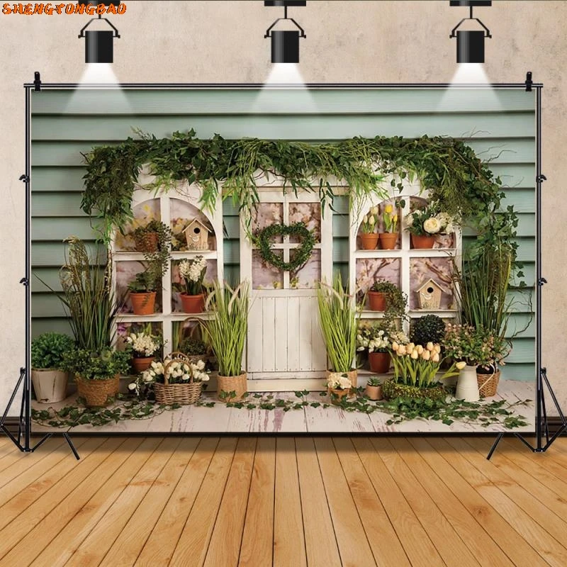 อีสเตอร์ฉากหลังพวงหรีดดอกไม้ฤดูใบไม้ผลิ Courtyard ประตูเด็ก Portrait ไม้ประตูอิฐผนังการถ่ายภาพพื้นหลังตกแต่ง Photo Studio