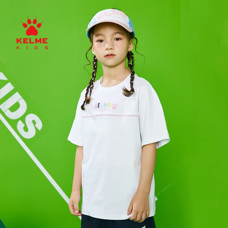 

KELME KIDS Children's Clothing Girls Cotton Short-sleeved Fashion Solid Color Printing Casual T-shirt 5221TX4051