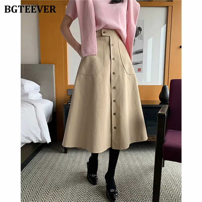 

BGTEEVER Stylish High Waist Buttons Female Skirts Spring Elegant Loose Mid-Length A-line Skirts for Women