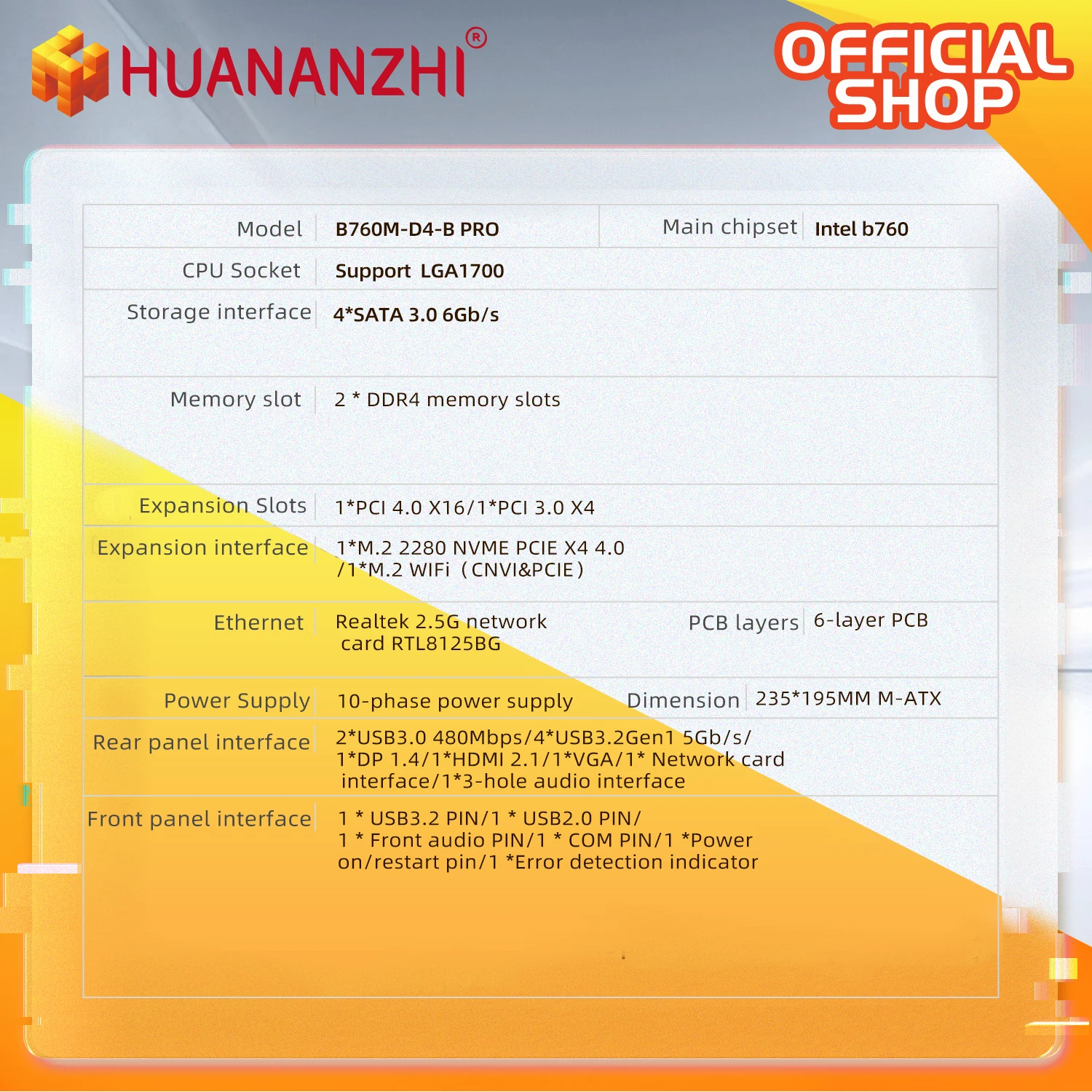 HUANANZHI B760M-D4-B PRO  Motherboard DDR4 LGA 1700 Support Intel Core I3 i5 i7 12th 13th 14th Processor  5V ARGB
