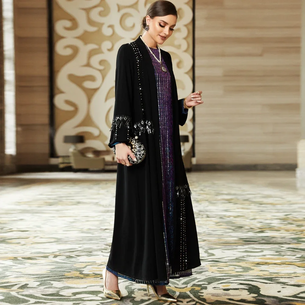 Eid Open Abaya Black Tassel Cardigan Muslim Women Kimono Maxi Dress Turkey Arab Kafan Long Robe Dubai Saudi Gowns Ramadan Gowns