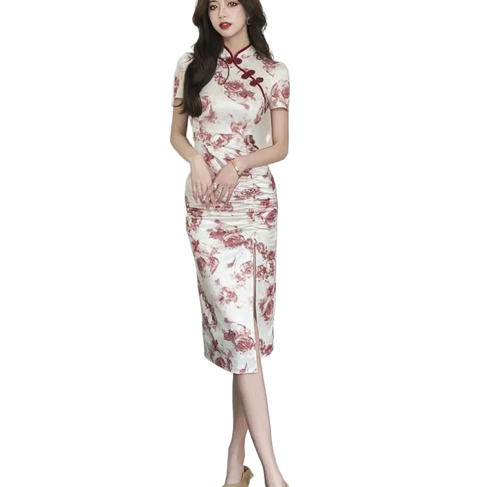 

Vintage Floral Cheongsam, Figure-Hugging Qipao Dress, Ruched Slit Midi Elegant Summer Wear Elegant Chic Woman Chinese Dress