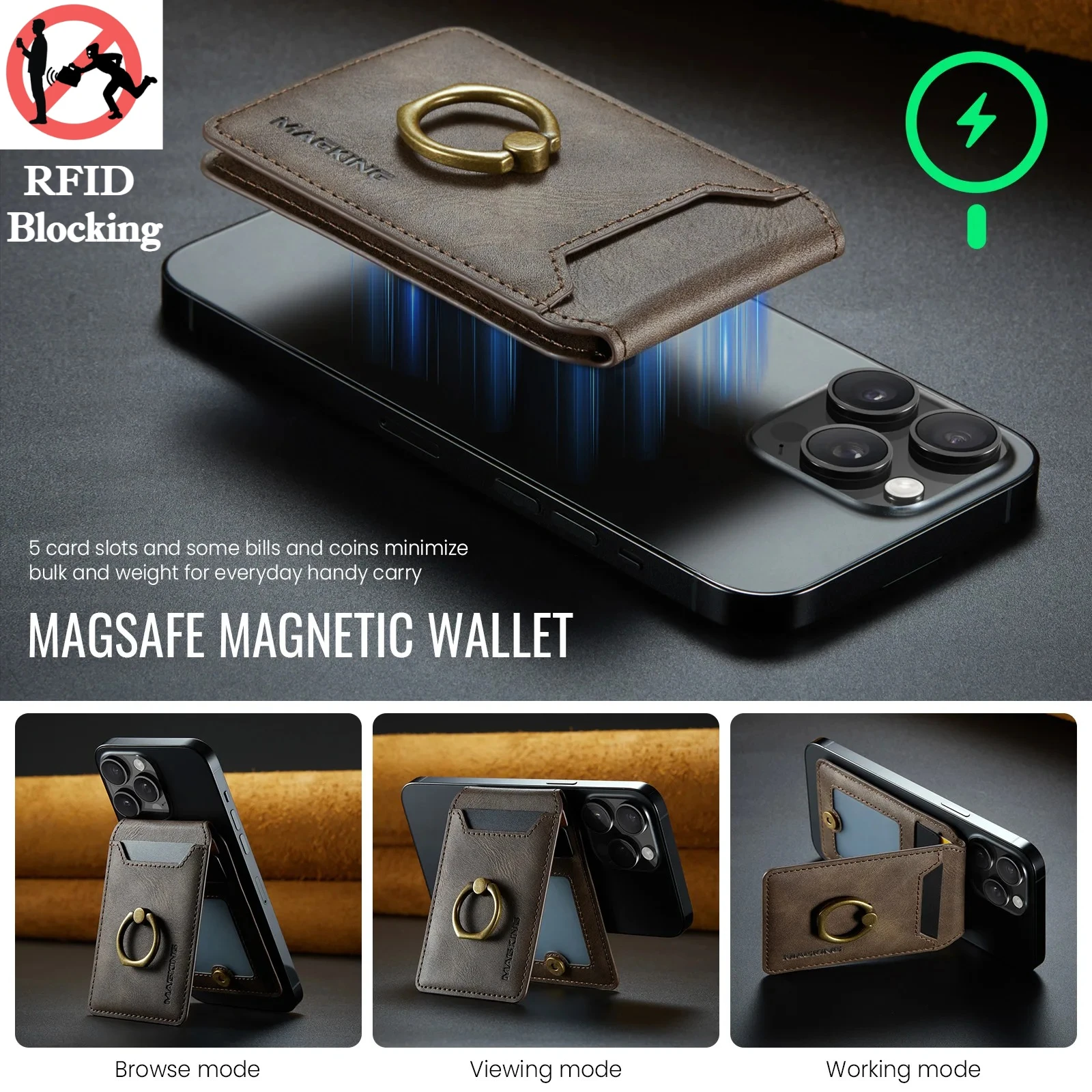 

RFID-блокирующий кожаный чехол-кошелек с магнитным держателем для карт и подставкой для iPhone 17 Pro Max