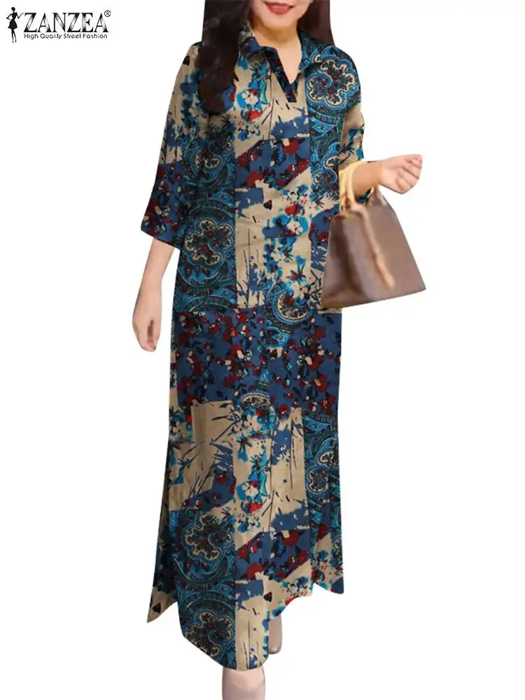 ZANZEA-Robe Longue en Coton à Manches 3/4 pour Femme, Chemise Vintage à Imprimé Floral, Maxi, à la Mode, Revers, Été