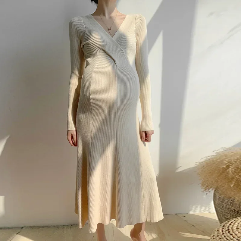 

Women Knitted Maternity Dresses Plus Size Elasticity Daily Clothes Winter Long Sleeve Photography Pregnancy Dress Inside Cloth