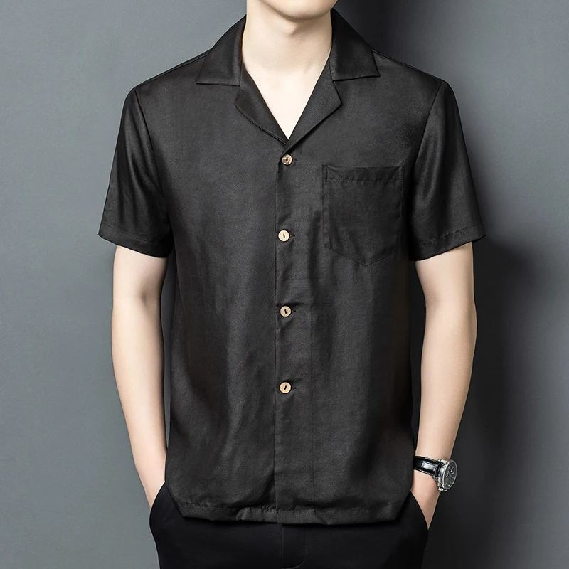 Cuban Collar Luxury Shirts For Men Short Sleeve Genuine Silk 100% Summer Ice Quality Lightweight Chinese Style Camisas De Hombre